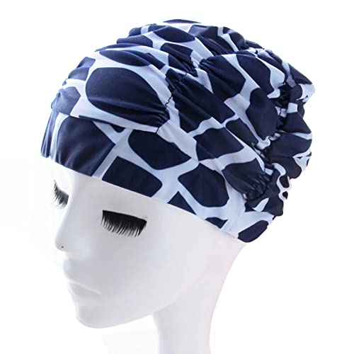 Pleated Floral Swimming Cap for Women - Blue & White Stripes