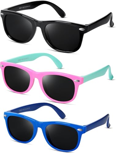 BEALER Kids Polarized Sunglasses for Girls & Boys – UV Protection, Flexible Rubber Frames, 3-9 yrs, M3 Glossy Black+Pink/Cyan+Blue/Dark Blue (45mm)
