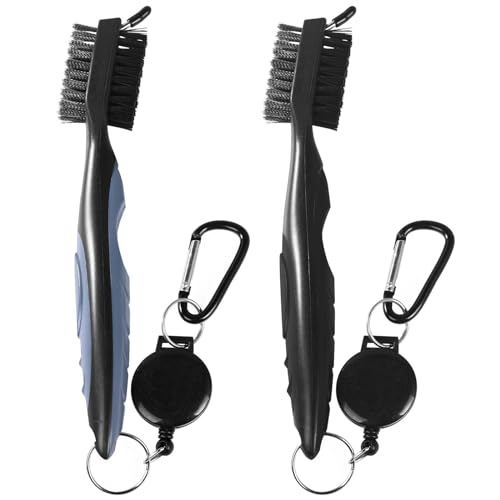 Golf Club Brush Cleaner Tools - 2 Pack with Carabiner - Black & Gray
