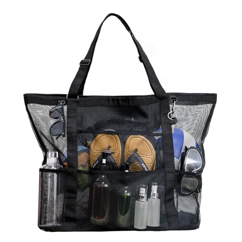 Large 40L Mesh Beach Bag Tote with Multiple Pockets - Black