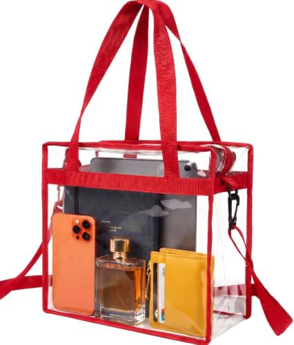 Clear Stadium Approved Tote Bag with Zipper Strap - Red