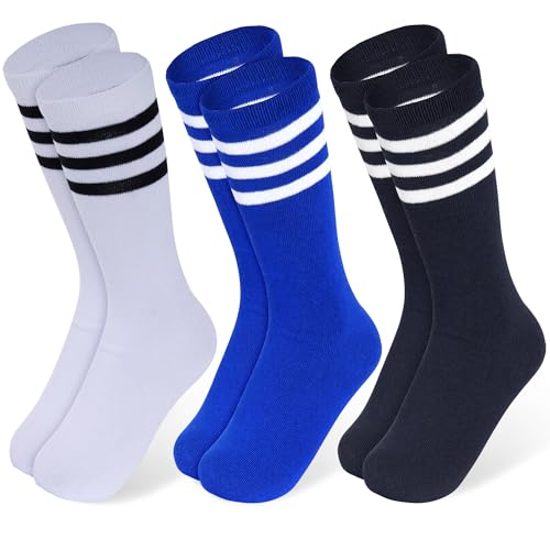 Toddler Athletic Soccer Socks - 3 Pairs for Kids 3-6 Years - White/Blue/Black