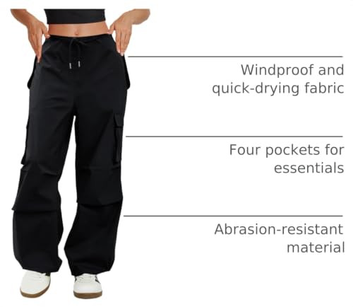 COPYLEAF Women's Cargo Pants Parachute Hiking Pants Baggy Y2K Black Medium