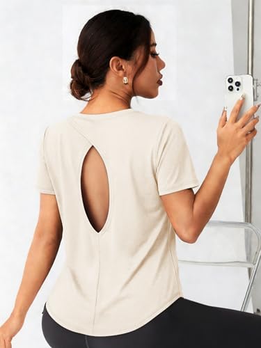 Alaroo Women's Open Back Workout Tops Large Cream Short Sleeve Pilates Activewear
