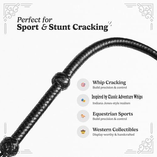 LB'S WHIP 6ft Cowhide Leather Bullwhip for Equestrian Sound Practice & Costume