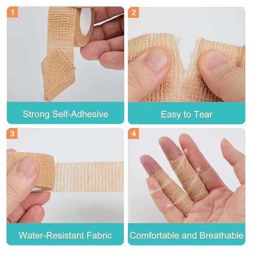 Self-Adhesive Bandage Wrap - 1 Inch x 5 Yards, 6 Pack - Beige Athletic Tape