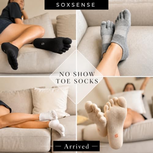 Soxsense Women’s No-Show Toe Socks Medium White - 4 Pairs, Premium Cotton