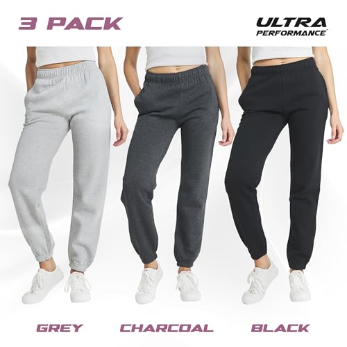 Ultra Performance Women’s Fleece Joggers 3 Pack Medium Black Charcoal Heather Grey