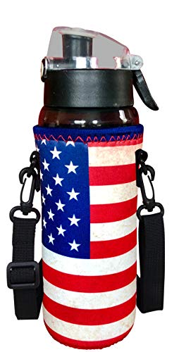 Large 24-30oz Vintage American Flag Water Bottle Carrier with Strap