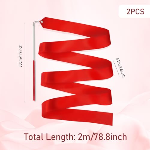 2pcs Red Dance Ribbons - 78.7 Inch Gymnastics Twirling Streamers