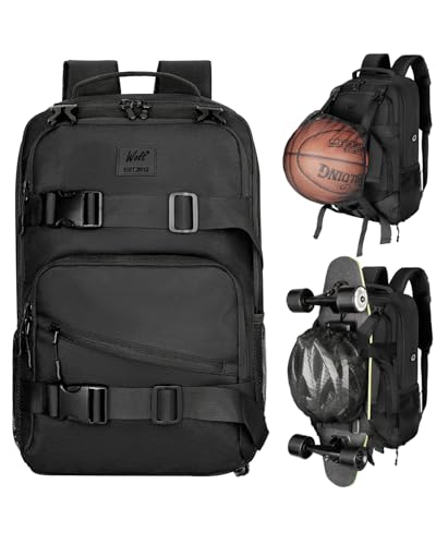 WOLT Skateboard Backpack Black 15.6 Inch Laptop Sports Bag with Ball Holder