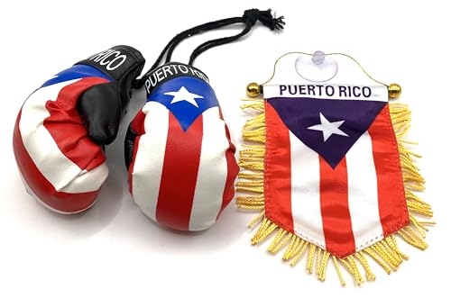 Puerto Rican Flag & Mini Boxing Gloves Rearview Mirror Set