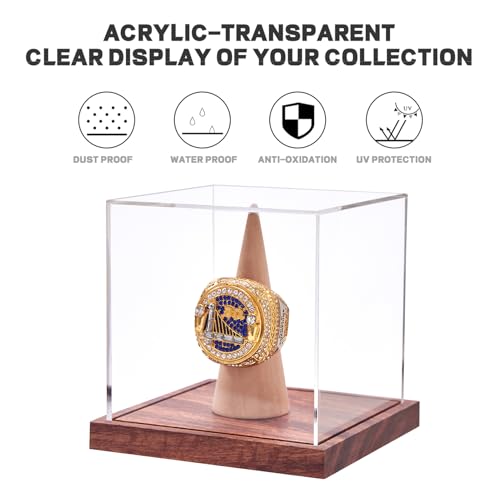 LiTY Acrylic Championship Ring Display Case - No Assembly, Wooden Stand, UV Protection, 1 Pack