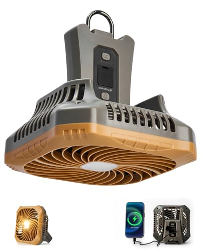 Odoland Brown Camping Fan with LED Lantern, Rechargeable Tent Fan 40H