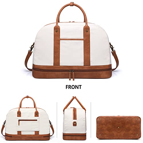 BOLOSTA Beige Canvas Weekender Bag for Women with Shoe Compartment - Large Travel Tote, Carry-On Overnight Duffel, Versatile Gift