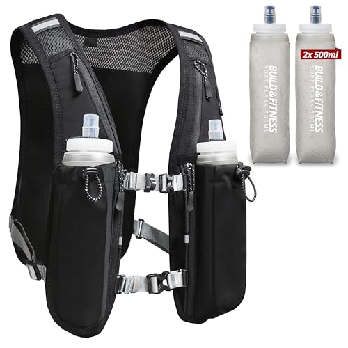Build & Fitness Running Hydration Vest for Men & Women with 8 Pockets, Reflective, 2x 500ml Soft Flasks – Black