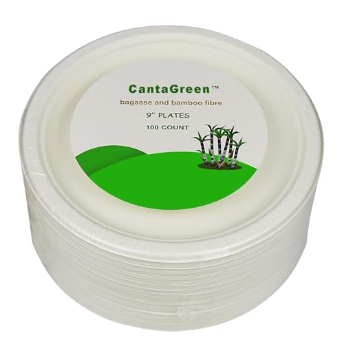 CantaGreen 9 Inch Compostable Plates – 100 Count Heavyweight Sugarcane Bagasse & Bamboo Fibre