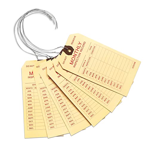 Fire Extinguisher Monthly Inspection Tags - 4 3/4" x 2 3/8" - Box of 100 Manila Service Tags with Wire Ties Attached for Indoor Only