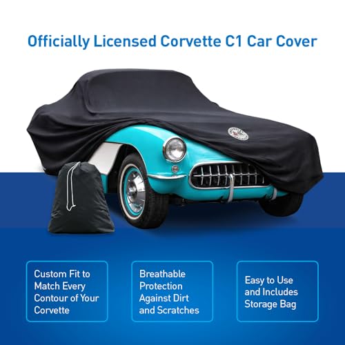 Custom Fit Indoor Car Cover for 1953-1962 Chevrolet Corvette C1 - Black with Official Flags Logo, Includes Storage Bag