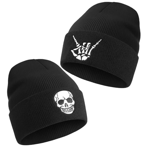 2 Pack Winter Beanies - Skull & Finger Bone Hats - Black