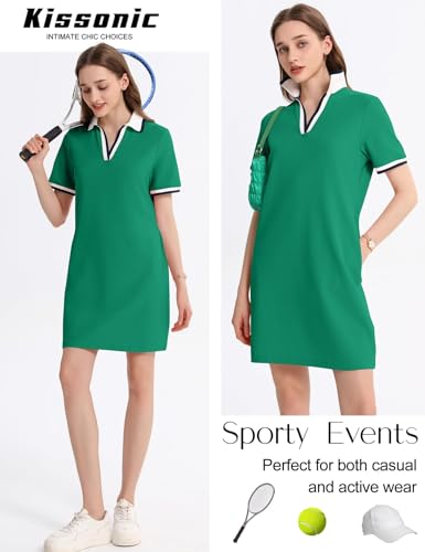 Kissonic Women's Polo Dress Short Sleeve Tennis Golf Summer Casual with Pocket - Green, Large