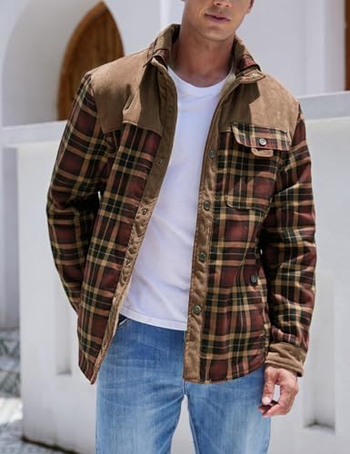 Gihuo Men's Large Coffee Sherpa-Lined Flannel Shirt Jacket - Warm Outdoor Coat
