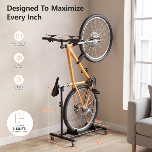 Black 1 Pack Vertical Bike Stand with Wheels, Adjustable Indoor Bicycle Storage Rack for Road, MTB & Hybrid Bikes up to 29"