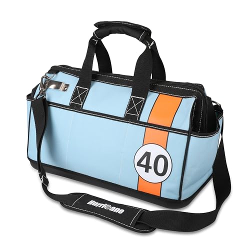 HURRICANE 16 inch Wide Mouth Tool Bag with Water Proof Molded Base with Extra Shoulder Strap, Racing theme-Blue, Multi Pockets, Large Inner Space