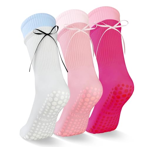 Grippy Pilates Crew Socks for Women - Cotton Anti-Slip - Magenta/Pink/White