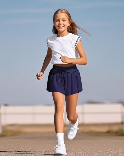 Butterfly Shorts for Girls - 2-in-1 Flowy Athletic Shorts with Pocket - Quick Dry, Navy, 9-10 Years