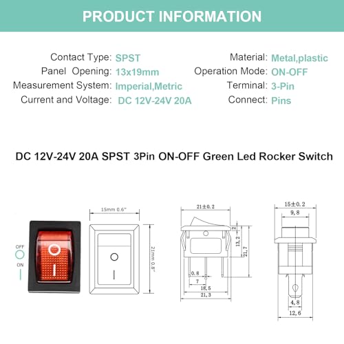 5 Pack DC 12V-24V 20A Red LED Boat Rocker Toggle Switch