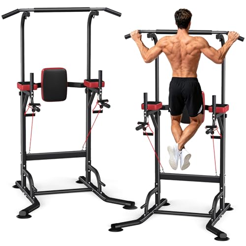 Multi-Function Pull Up Bar Power Tower - Height Adjustable, Black Red