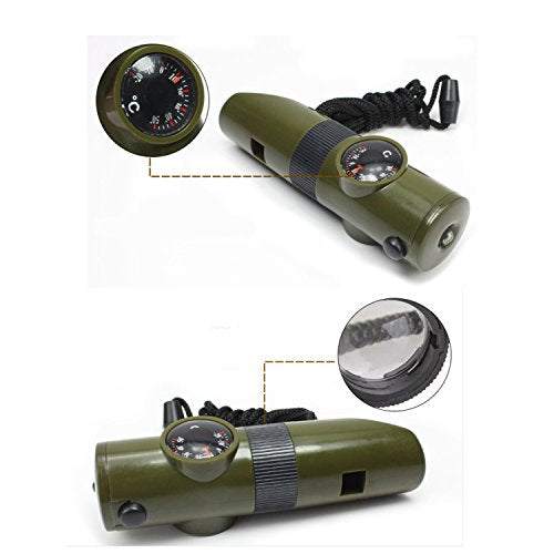 7-in-1 Camping Whistle with LED Light, Compass & Thermometer