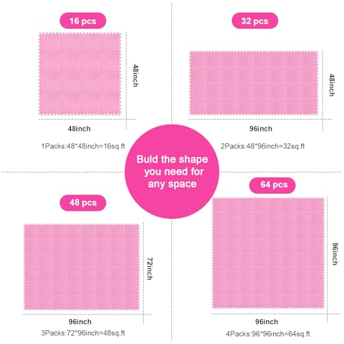 Shihanee 16 Foam Floor Interlocking Tiles 11.8 x 11.8 Inch Light Pink – 48x48in Puzzle Mats