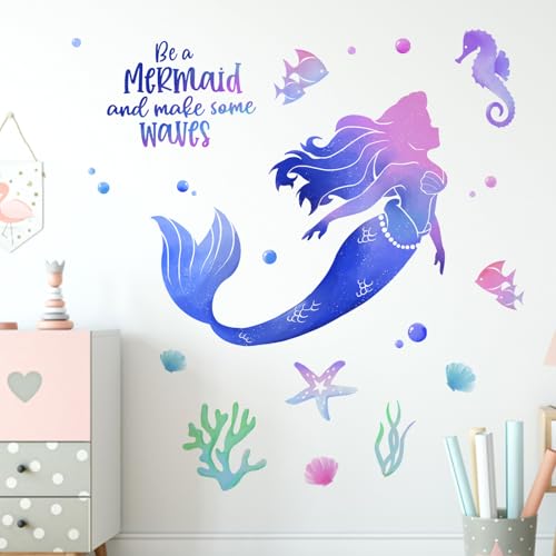 Yovkky Be a Mermaid Gradient Wall Decals Stickers, Under The Sea Ocean Creatures Starfish Seahorse Baby Nursery Decor, Beach Coastal Coral Conch Fish Bubble Home Decorations Girls Bedroom Playroom Art