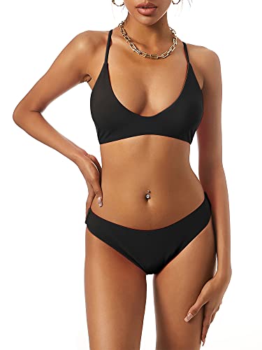 ZAFUL Women's Black Tie Back Padded High-Cut Bikini Set - Small