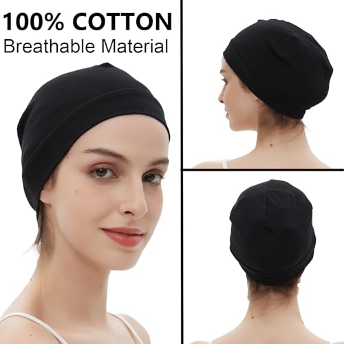 100% Cotton Skull Caps Beanie Sleeping Hats - 3 Pieces Black, Green, Navy