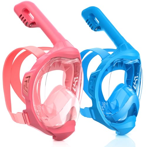 Kids Full Face Snorkel Mask Pink & Blue XS - 180° Panoramic View Anti-Fog & Leakproof