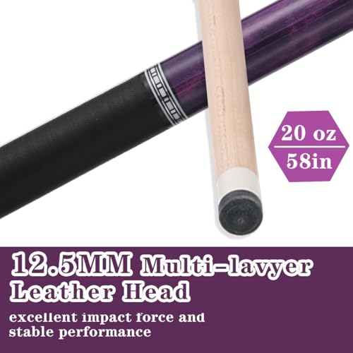 Kuntu Yimu 20oz Purple Pool Cue Stick with Case, 12.5mm Tip, Maple, Black Linen Wrap