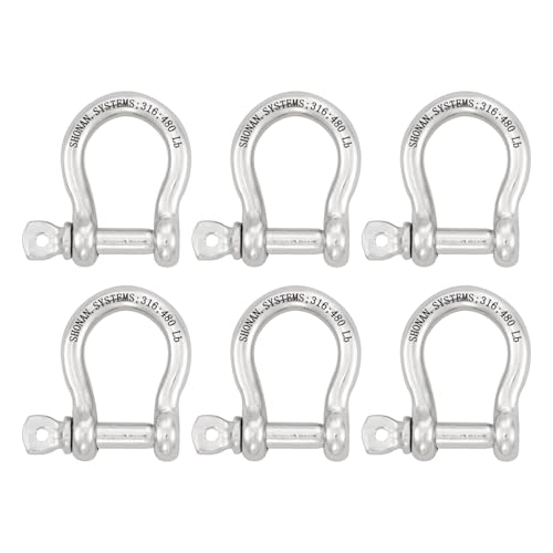 1/4" Marine Grade Stainless Steel Bow Shackles - 6 Pcs, 480 Lbs Capacity