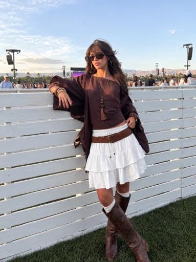 LOMON Flowy Skorts for Women White Medium Boho Ruffled High Waist Tiered