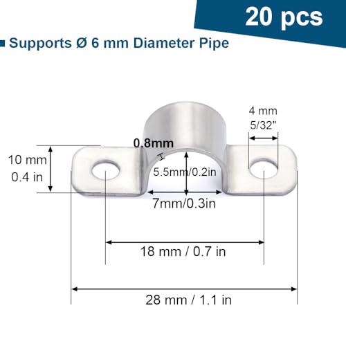 1/4 Inch Stainless Steel Conduit Clamps 2 Hole Pipe Clamps U Pipe Bracket Conduit Fixing Clips, Universal Clamp for Cylindrical Components - Fits OD 6 mm (Approx. 1/4") | 20 Pcs