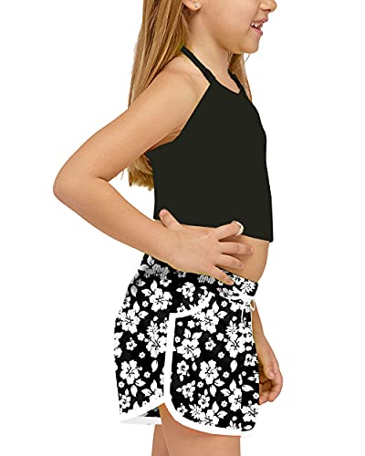 Kids Hawaiian Swim Board Shorts - Quick Dry Floral Black, 11-12 Years