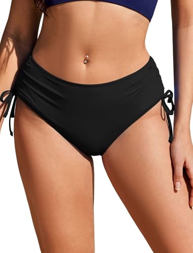 Mid Waist Bikini Bottoms - Full Coverage Swim Shorts - Black Medium