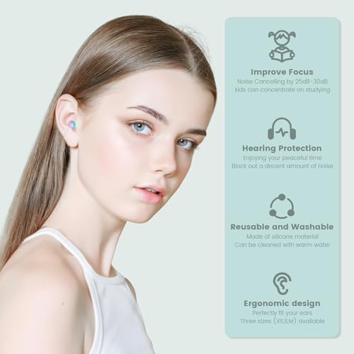 Kids Ear Plugs(6+yrs)-2 Pairs of Reusable Noise Reduction Earplugs for Small Canal With 6 Tips,Soft Silicone Earplugs for Sleeping,Focus,Travel,Socializing,Concert&Hearing Protection 25dB-30dB