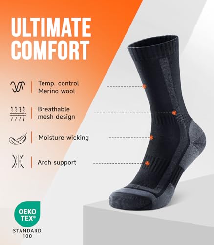 PULIOU Merino Wool Hiking Socks 3 Pairs Large Black - Breathable, Seamless Toe, Arch Support
