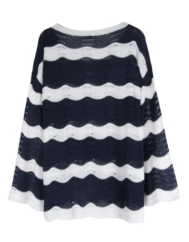 Women's Long Bell Sleeve Crochet Cover Up - Loose Mesh Striped Top