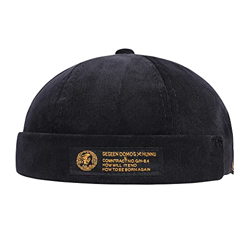 Men's Black Docker Cap with Rolled Cuff - Adjustable Sailor Beanie Hat, One Size