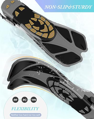 Adjustable Snorkel Fins - Travel Size Short Flippers - Black L/XL (US Size 9-13)