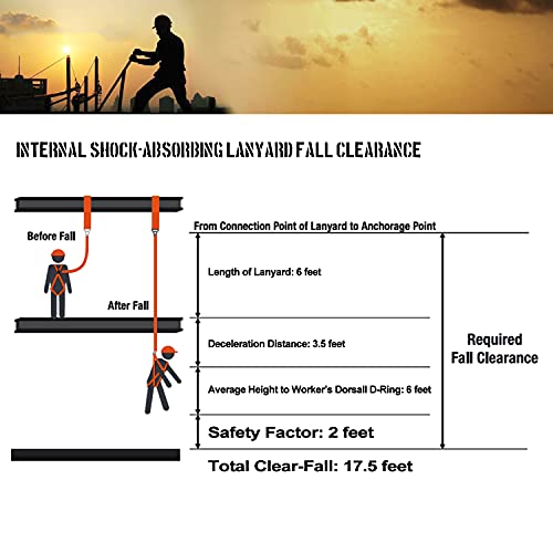 6-Foot Internal Shock Absorbing Safety Lanyard with Double Forging Snap Hook Connectors ANSI Z359.13-2013 Compliant Fall Protection Equipment (1 Pack)